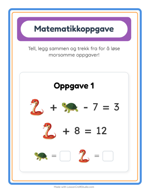 Forhåndsvisning av Matteark-arbeidsark med Reptiler og amfibier for Barnehage (5-7 år)