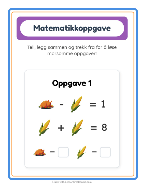 Forhåndsvisning av Matteark-arbeidsark med Thanksgiving for Barnehage (5-7 år)