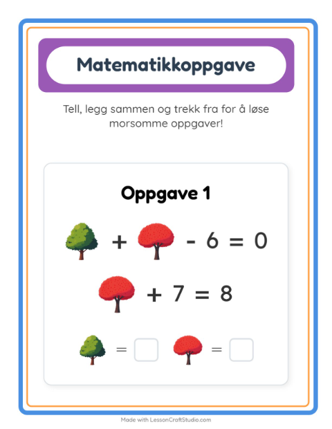 Forhåndsvisning av Matteark-arbeidsark med Trær for Barnehage (5-7 år)