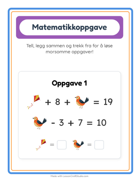 Forhåndsvisning av Matteark-arbeidsark med Vår for Barnehage (5-7 år)
