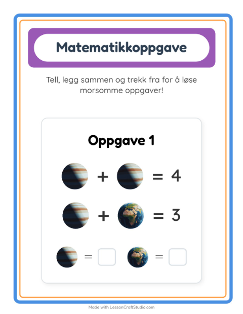 Forhåndsvisning av Matteark-arbeidsark med Verdensrommet for Barnehage (5-7 år)