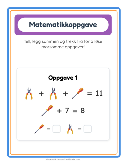 Forhåndsvisning av Matteark-arbeidsark med Verktøy for Barnehage (5-7 år)