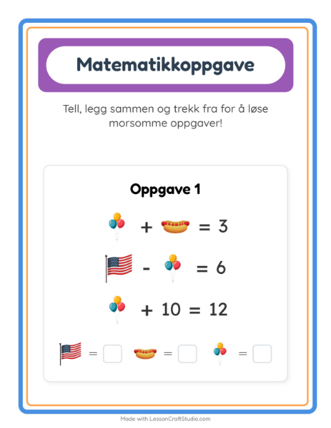 Forhåndsvisning av Matteark-arbeidsark med 4. juli for Barnehage (5-7 år)