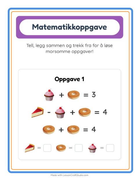 Forhåndsvisning av Matteark-arbeidsark med Bakeri for Barnehage (5-7 år)