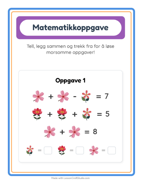 Forhåndsvisning av Matteark-arbeidsark med Blomster for Barnehage (5-7 år)