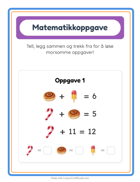 Forhåndsvisning av Matteark-arbeidsark med Desserter og godteri for Barnehage (5-7 år)