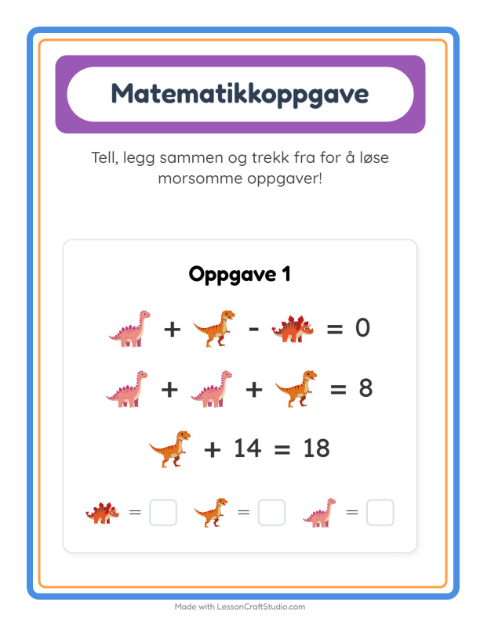 Forhåndsvisning av Matteark-arbeidsark med Dinosaurer for Barnehage (5-7 år)