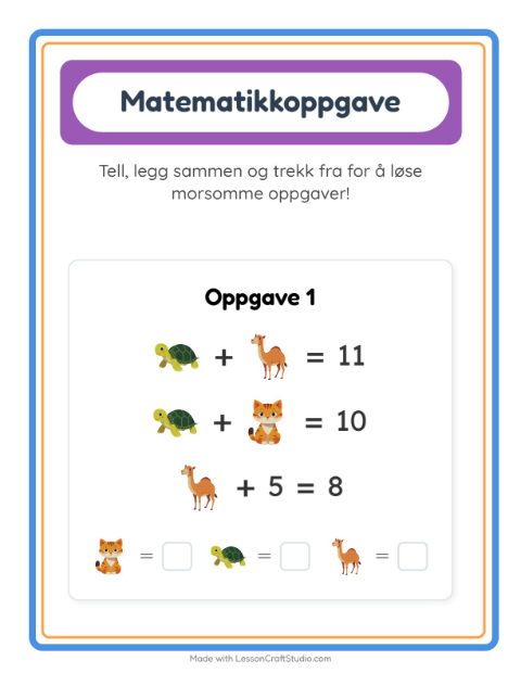 Forhåndsvisning av Matteark-arbeidsark med Dyr for Barnehage (5-7 år)