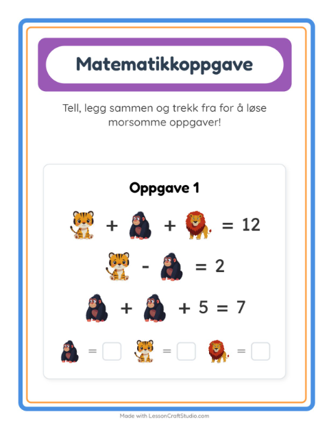 Forhåndsvisning av Matteark-arbeidsark med Dyrehagedyr for Barnehage (5-7 år)