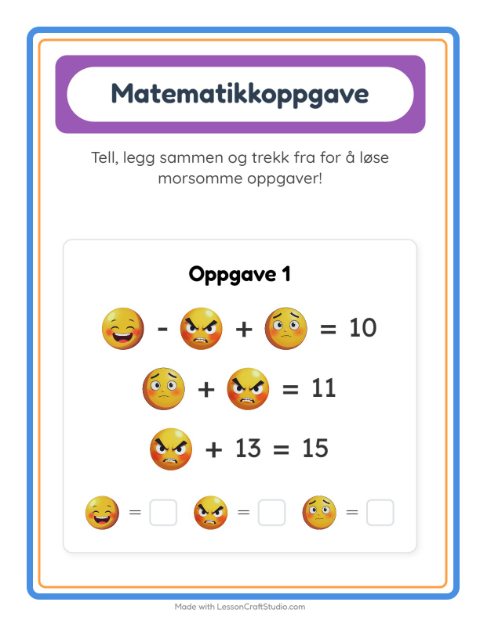 Forhåndsvisning av Matteark-arbeidsark med Følelser for Barnehage (5-7 år)