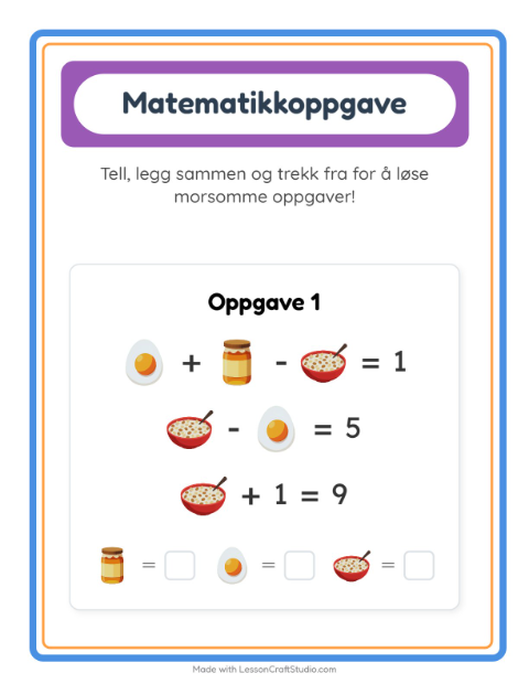 Forhåndsvisning av Matteark-arbeidsark med Frokost for Barnehage (5-7 år)