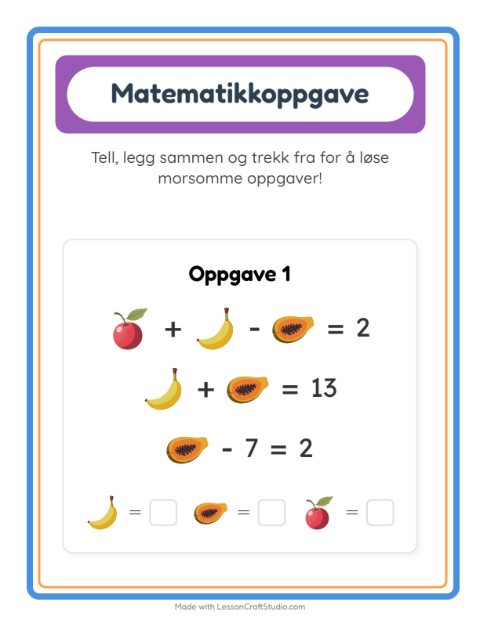 Forhåndsvisning av Matteark-arbeidsark med Frukter for Barnehage (5-7 år)