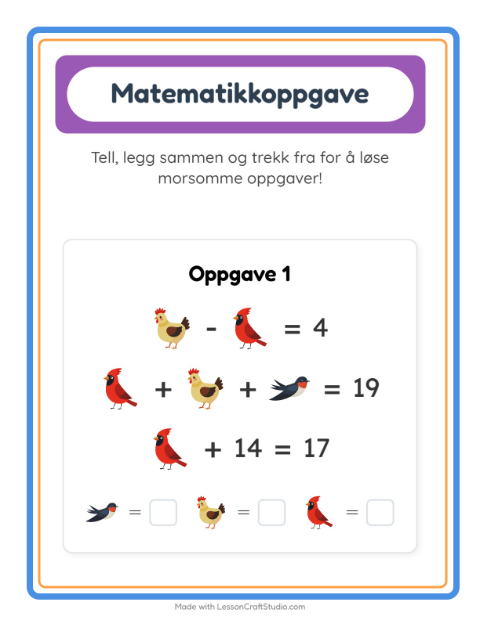 Forhåndsvisning av Matteark-arbeidsark med Fugler 2 for Barnehage (5-7 år)