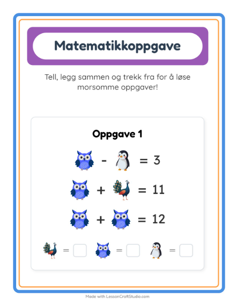 Forhåndsvisning av Matteark-arbeidsark med Fugler for Barnehage (5-7 år)