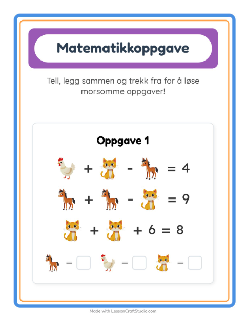 Forhåndsvisning av Matteark-arbeidsark med Gårdsdyr for Barnehage (5-7 år)