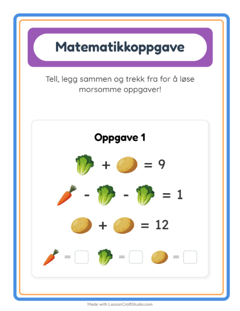 Forhåndsvisning av Matteark-arbeidsark med Grønnsaker for Barnehage (5-7 år)