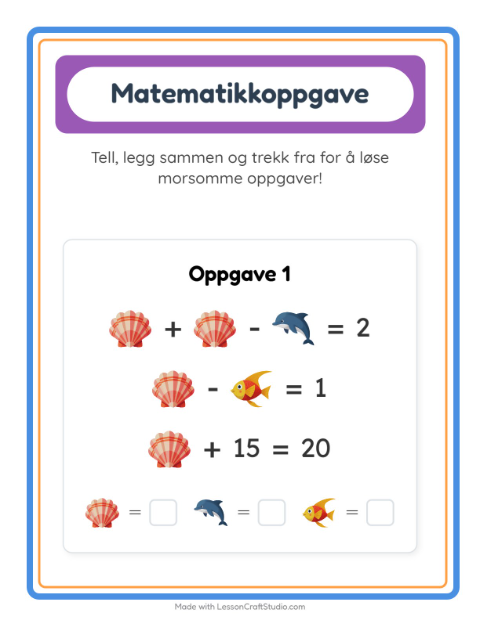 Forhåndsvisning av Matteark-arbeidsark med Havliv for Barnehage (5-7 år)