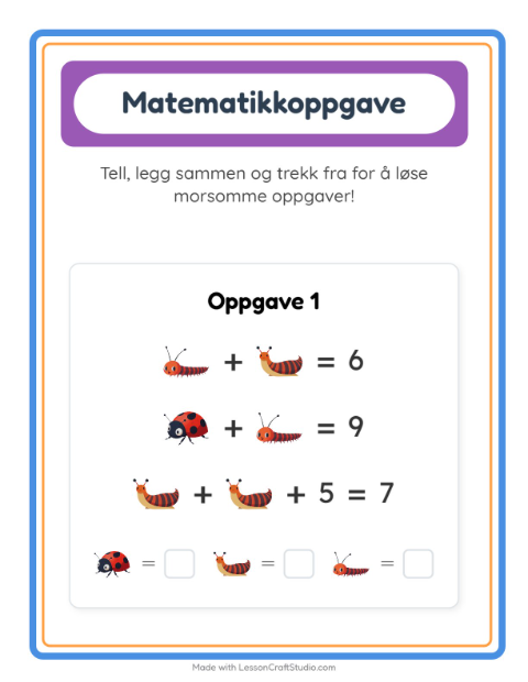 Forhåndsvisning av Matteark-arbeidsark med Insekter og kryp for Barnehage (5-7 år)