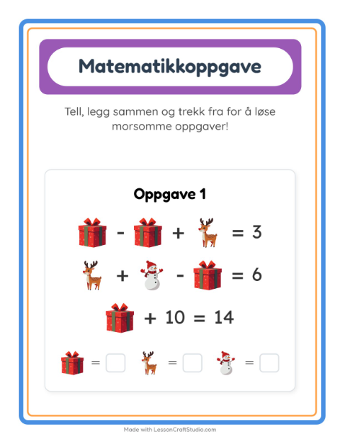 Forhåndsvisning av Matteark-arbeidsark med Jul for Barnehage (5-7 år)