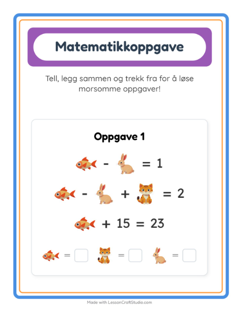 Forhåndsvisning av Matteark-arbeidsark med Kjæledyr for Barnehage (5-7 år)