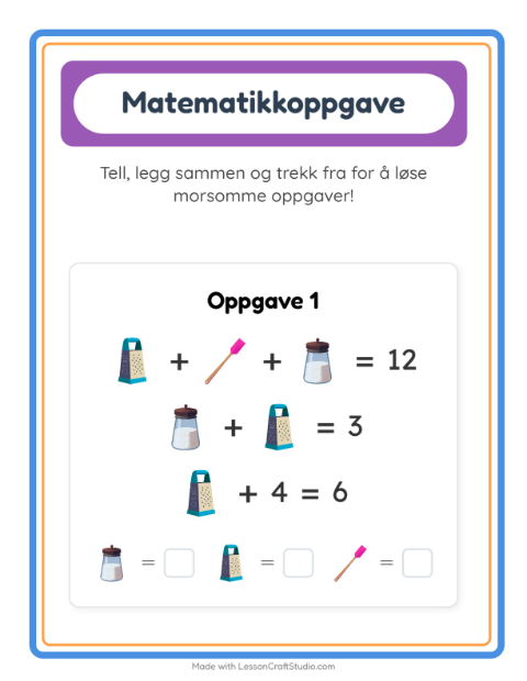 Forhåndsvisning av Matteark-arbeidsark med Kjøkkenredskaper for Barnehage (5-7 år)