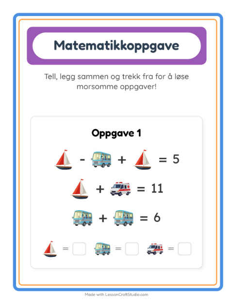 Forhåndsvisning av Matteark-arbeidsark med Kjøretøy for Barnehage (5-7 år)