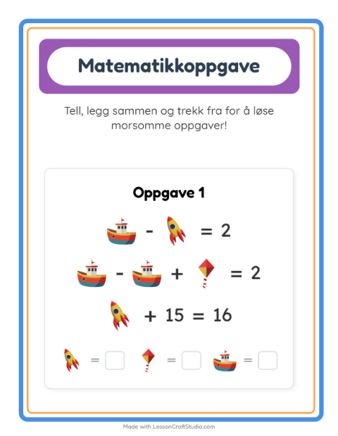 Forhåndsvisning av Matteark-arbeidsark med Leker for Barnehage (5-7 år)