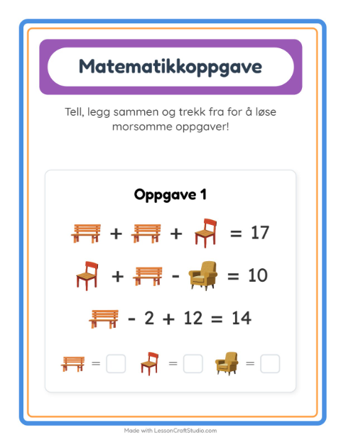 Forhåndsvisning av Matteark-arbeidsark med Møbler for Barnehage (5-7 år)