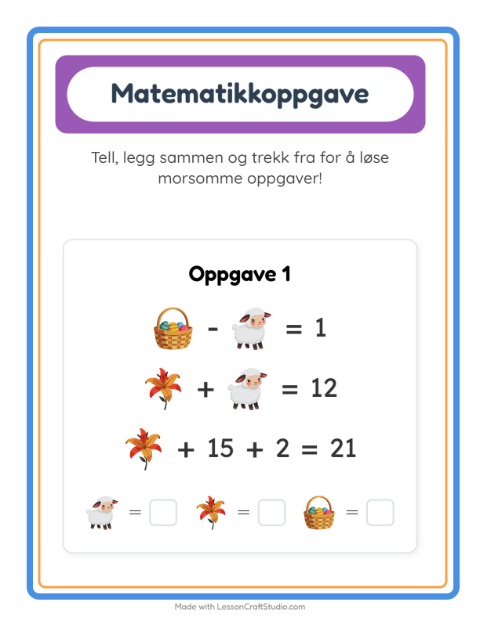 Forhåndsvisning av Matteark-arbeidsark med Påske for Barnehage (5-7 år)