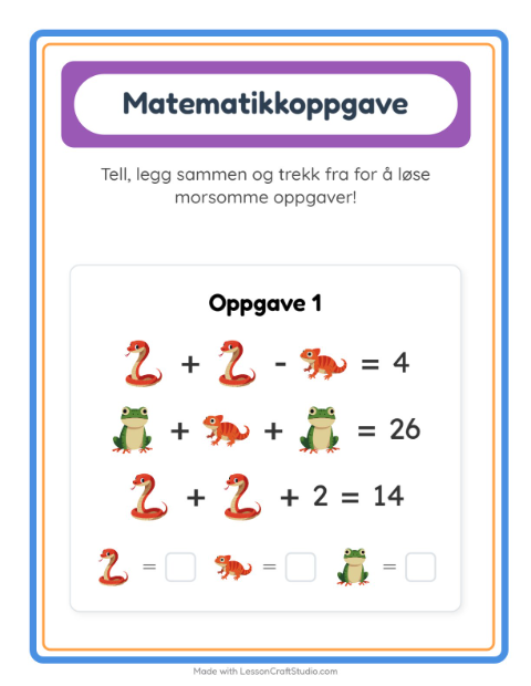 Forhåndsvisning av Matteark-arbeidsark med Reptiler og amfibier for Barnehage (5-7 år)