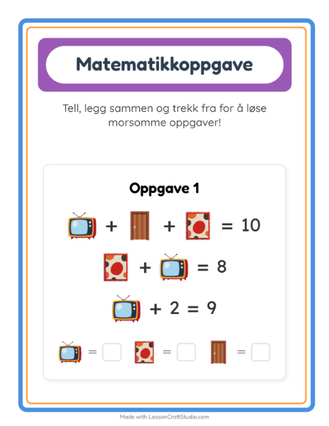 Forhåndsvisning av Matteark-arbeidsark med Rundt i huset for Barnehage (5-7 år)