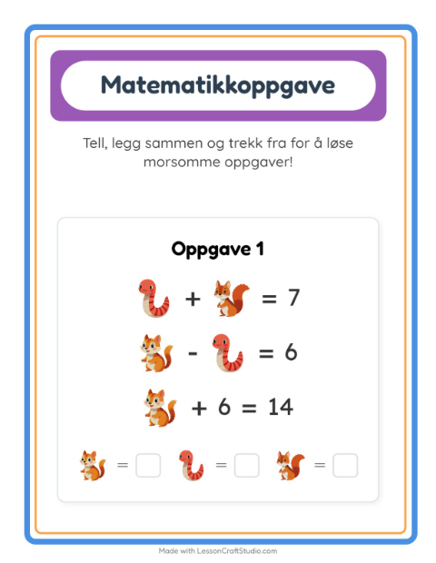 Forhåndsvisning av Matteark-arbeidsark med Skogsdyr for Barnehage (5-7 år)