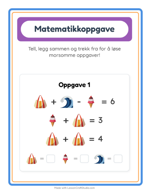 Forhåndsvisning av Matteark-arbeidsark med Strand for Barnehage (5-7 år)