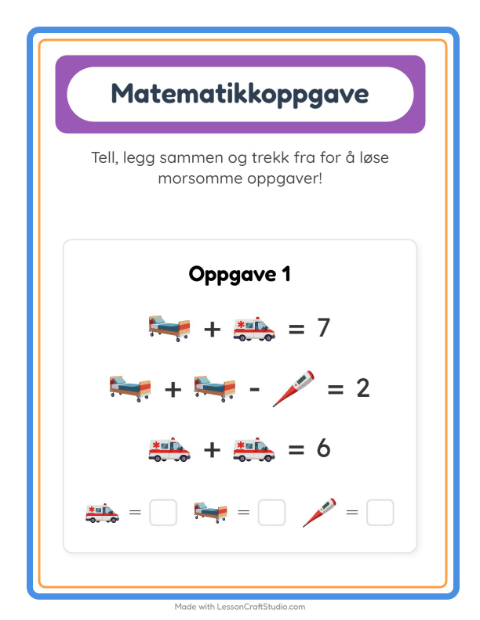 Forhåndsvisning av Matteark-arbeidsark med Sykehus for Barnehage (5-7 år)