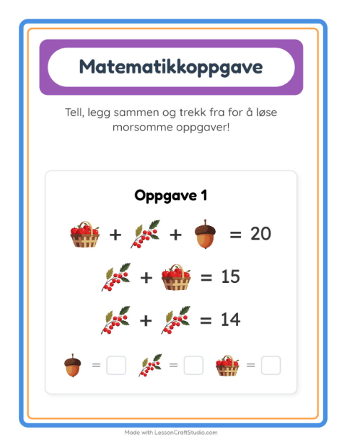 Forhåndsvisning av Matteark-arbeidsark med Thanksgiving for Barnehage (5-7 år)
