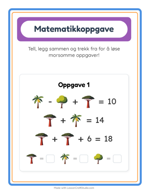 Forhåndsvisning av Matteark-arbeidsark med Trær for Barnehage (5-7 år)
