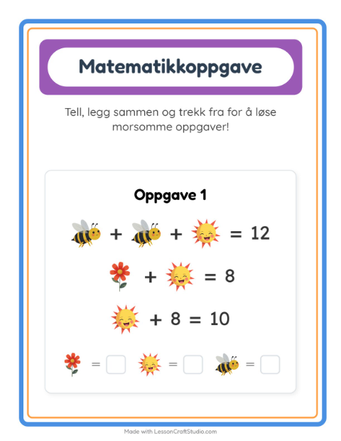 Forhåndsvisning av Matteark-arbeidsark med Vår for Barnehage (5-7 år)