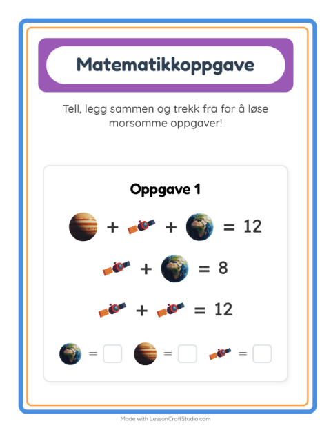 Forhåndsvisning av Matteark-arbeidsark med Verdensrommet for Barnehage (5-7 år)