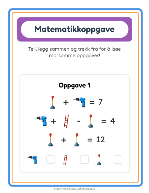 Forhåndsvisning av Matteark-arbeidsark med Verktøy for Barnehage (5-7 år)
