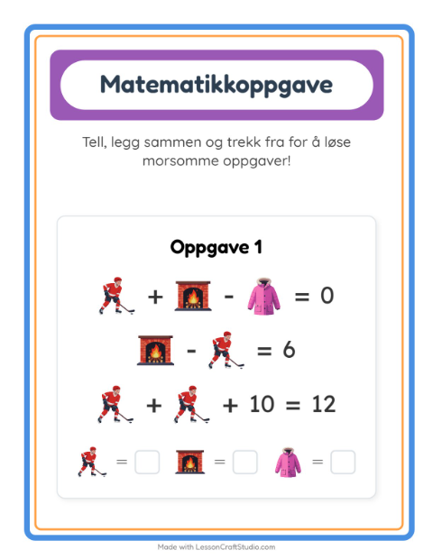 Forhåndsvisning av Matteark-arbeidsark med Vinter for Barnehage (5-7 år)