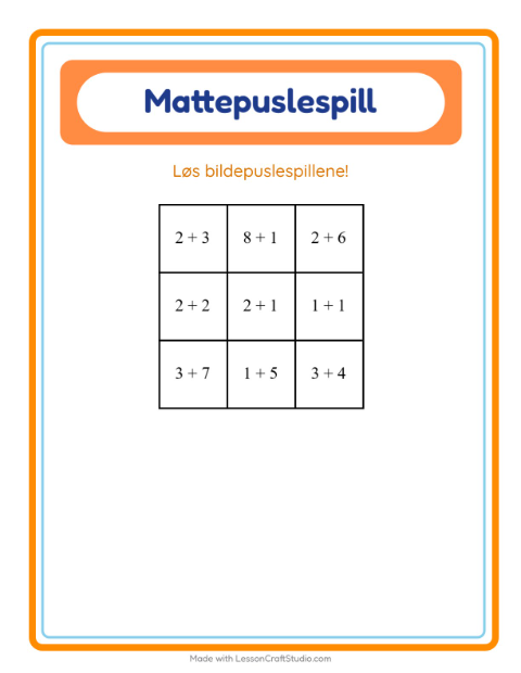 Forhåndsvisning av Mattepuslespill-arbeidsark med Aktiviteter for 1. trinn