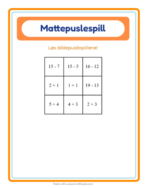 Forhåndsvisning av Mattepuslespill-arbeidsark med Dyrehagedyr for 1. trinn