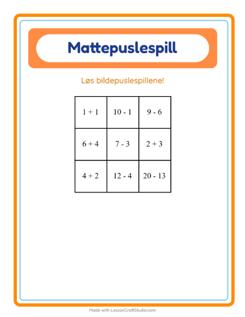 Forhåndsvisning av Mattepuslespill-arbeidsark med Frokost for 1. trinn
