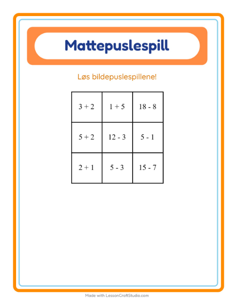 Forhåndsvisning av Mattepuslespill-arbeidsark med Leker for 1. trinn
