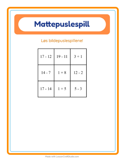 Forhåndsvisning av Mattepuslespill-arbeidsark med Musikk for 1. trinn