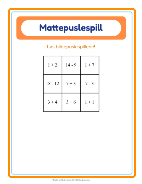 Forhåndsvisning av Mattepuslespill-arbeidsark med Rundt i huset for 1. trinn