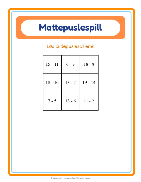 Forhåndsvisning av Mattepuslespill-arbeidsark med Aktiviteter for 1. trinn