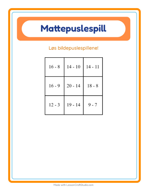 Forhåndsvisning av Mattepuslespill-arbeidsark med Dyrehagedyr for 1. trinn