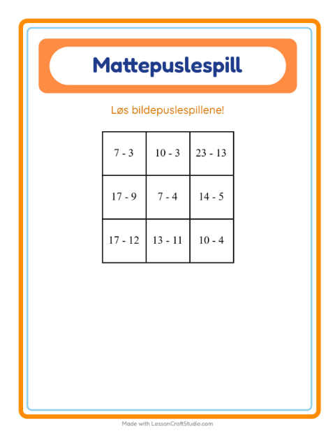 Forhåndsvisning av Mattepuslespill-arbeidsark med Gårdsdyr for 1. trinn