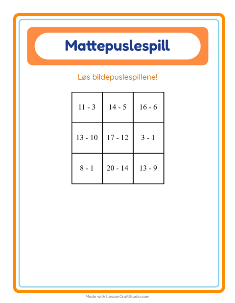 Forhåndsvisning av Mattepuslespill-arbeidsark med Leker for 1. trinn